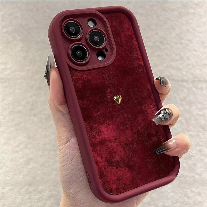 Burgundy Velvet iPhone Case with Gold Heart Detail